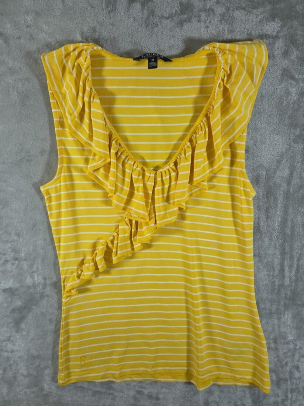 Lauren Ralph Lauren Yellow Striped Ruffle V-Neck Sleeveless Tank Top Women M